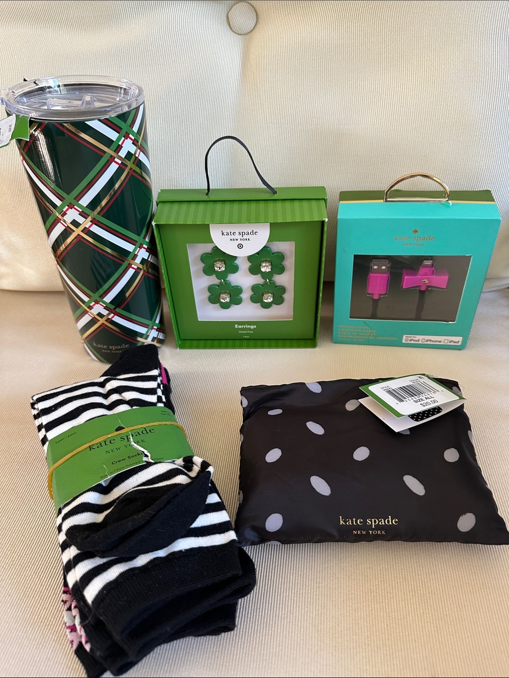 Kate Spade NWT Bundle-Cup, Earrings, Charger, Tote bag, and 3 pack Socks